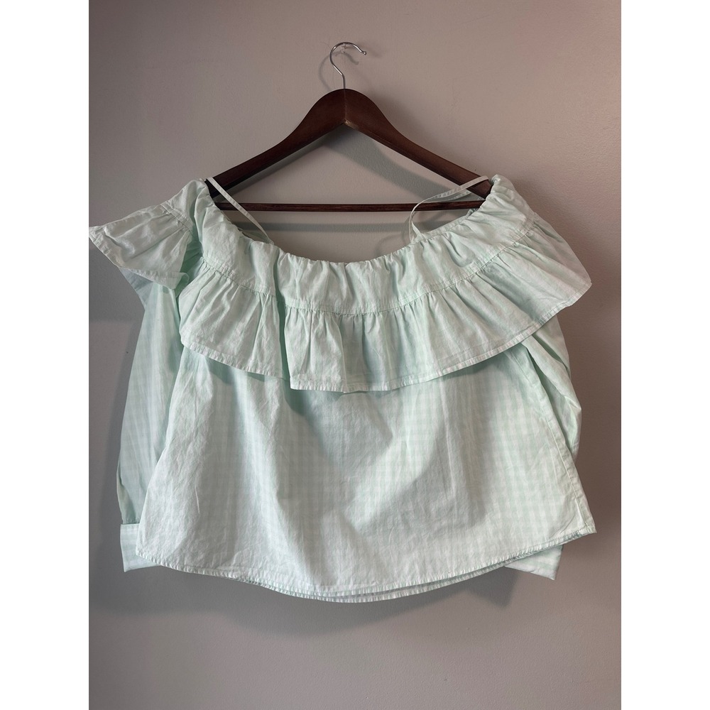Abound Mint Green Gingham Off The Shoulder Ruffle Cotton Blouse Large - Picture 6 of 8